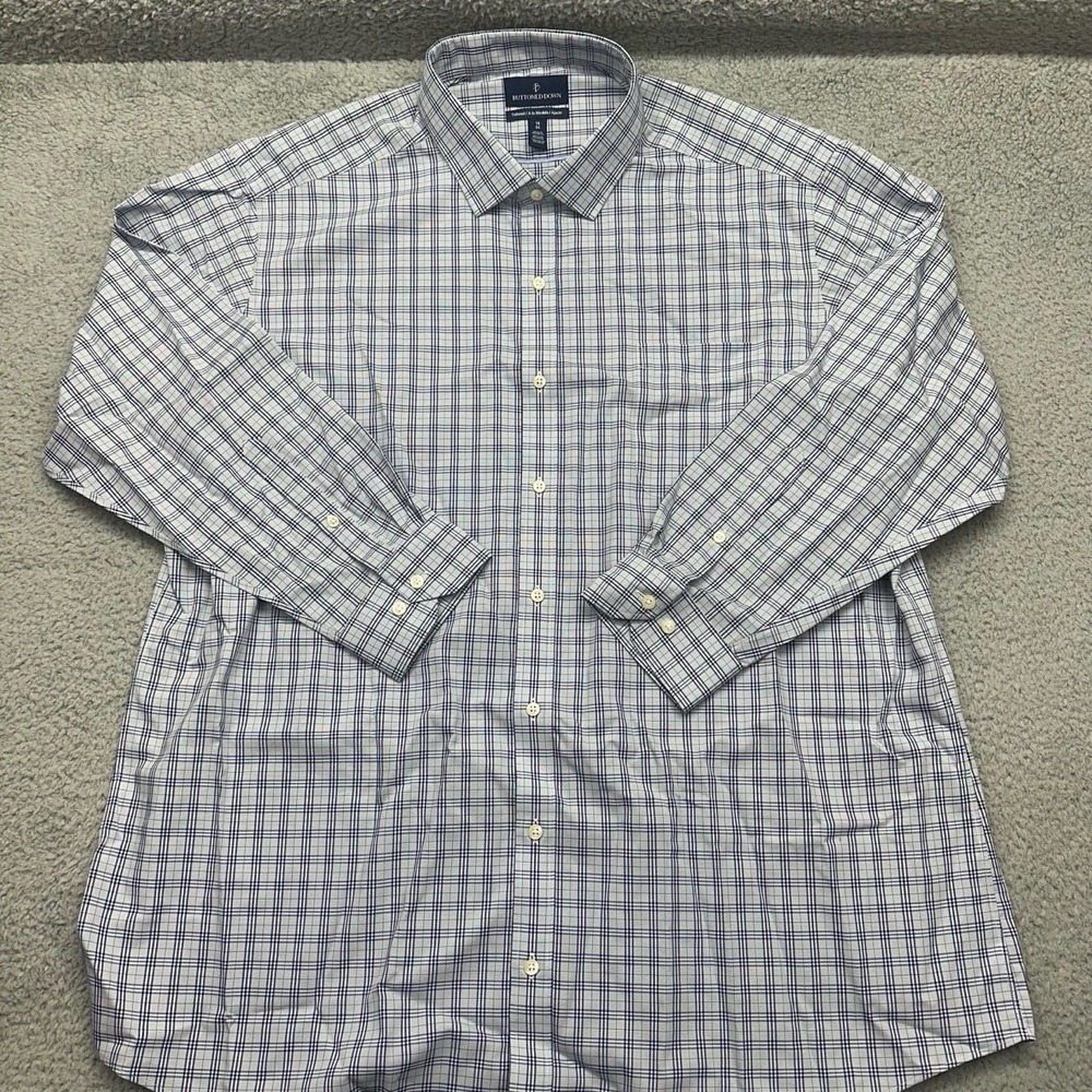Buttoned Down Shirt Blue White Mens Size 19 / 34 Long Sleeve Plaid Dress Shirt